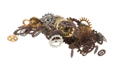 Cog wheel gear is spare part for industrial steel. Cogwheel gear head is innovation and brain teamwork. Many group gear wheel in difference color size fly in air. White background isolated