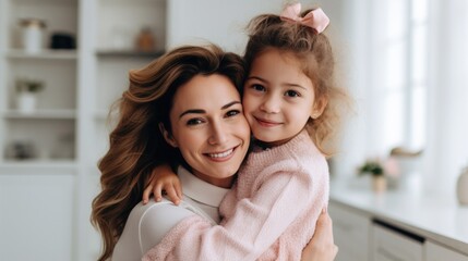Cute portrait of a mother and child. Mom 30s and dauther 5s hugging at home. happy family celebrate international Mother Day