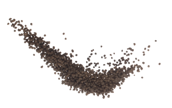 Fertilizer brown chemical accelerate growth fly fall explosion, many tiny ball fertilizer for planting float throw in mid air. White background isolated high speed freeze motion