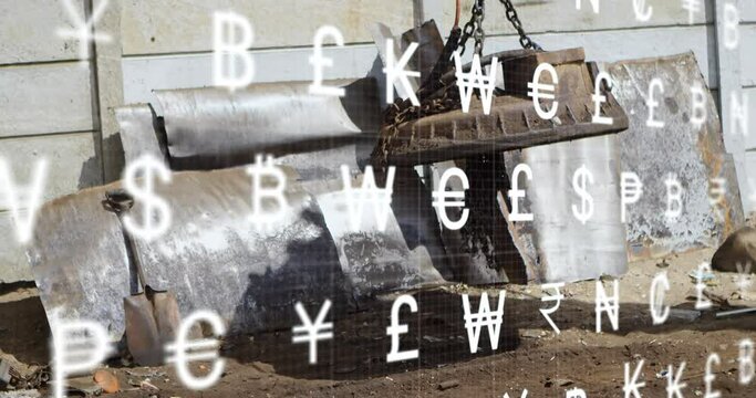 Animation of interface with multiple currency symbols against magnet cranes in operation at junkyard