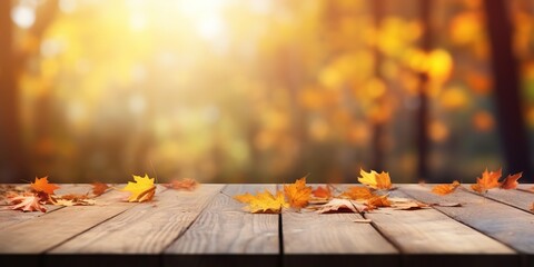 Naklejka na ściany i meble Enchanting Autumn Spectacle Vibrant Foliage on Wooden Floor amid Blurred Park, Generative AI