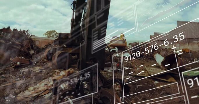Animation of data processing against hydraulic lifting machine with claw attachment at junkyard