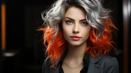 Fototapeta premium Fashionable bicolor hairstyle. Young short hair woman close up portrait.