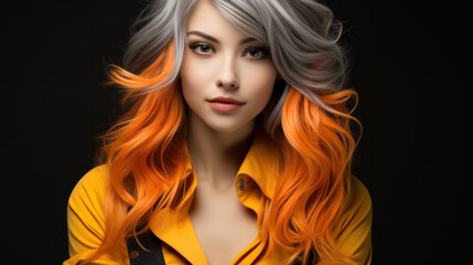 Fototapeta premium Fashionable bicolor hairstyle. Young short hair woman close up portrait.