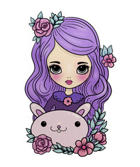 A drawing of a cute girl in flowers and a fantasy rabbit in soft purple shades, no background