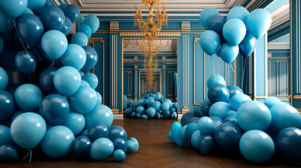 blue balloons and white sofa in the interior. holiday party