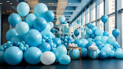 Naklejka premium blue balloons and white sofa in the interior. holiday party