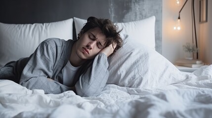 Young male holding his head in home environment. Headache and tiredness. Depressive state. Poor health and symptoms of a cold - obrazy, fototapety, plakaty