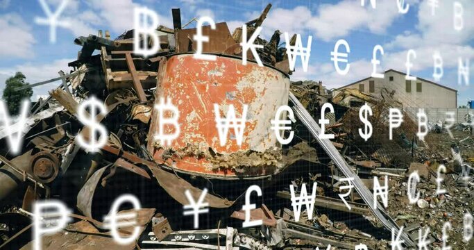 Animation of interface with multiple currency symbols against industrial scrap metal in junkyard