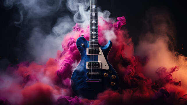 Close up of electric guitar on a stage during rock concert.