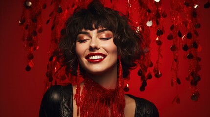Elegantly grinning woman on a red background with tinsel and a Christmas gift box