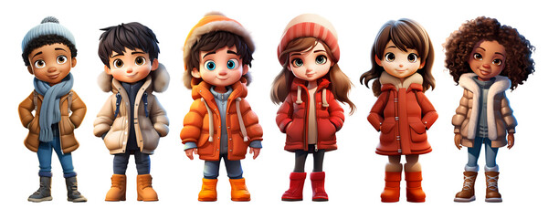 Cute Cartoon Realistic Happy Children Dressed in Winter Clothes Characters Set