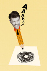 Picture collage sketch comics of angry mad weird strange man writing scribble doodle isolated on...