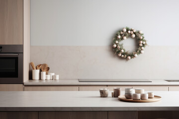 Minimal kitchen interior in earthy beige colours with Christmas wreath of pine branches and white ornaments hanging on light wall. Scandinavian nordic concept