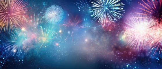 Colorful fireworks with bokeh lights on dark blue sky background.