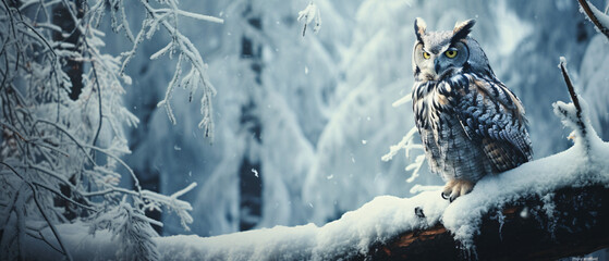 A gorgeous great horned owl in a snow filled forest
