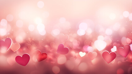 Fototapeta premium Romantic banner backdrop with multiple red and pink heart shapes creating a dreamy bokeh effect with copy space for text. Saint Valentine's Day concept