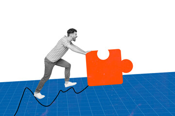 Poster picture image of funky strong guy push huge puzzle solve problem trouble isolated drawing...