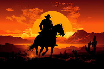 Fototapeta na wymiar Rodeo cowboy silhouette in sunset