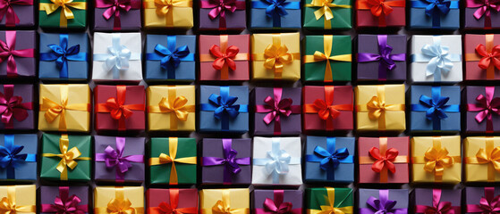 Colorful gift boxes with ribbons and bows. Holiday background.