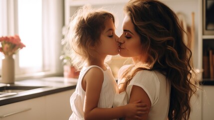 Happiness is homemade. Sunshiny daughter and her mom grinning broadly into the camera while embracing and enjoying a happy family moment spent together - obrazy, fototapety, plakaty