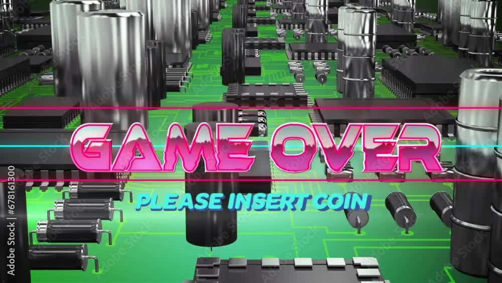 Poster animation of game over text over neon pattern and circuit board