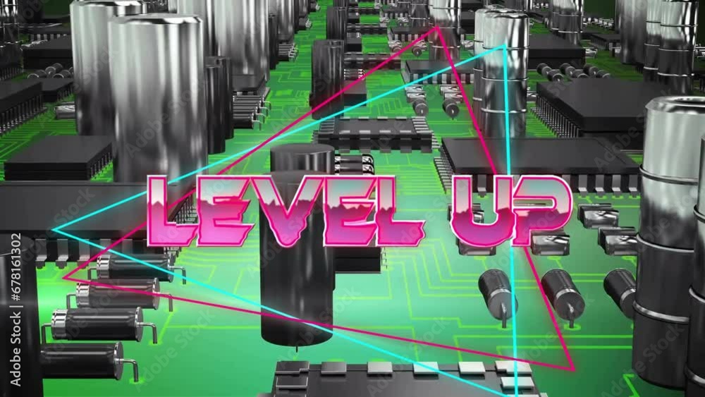 Poster animation of level up text over neon pattern and circuit board