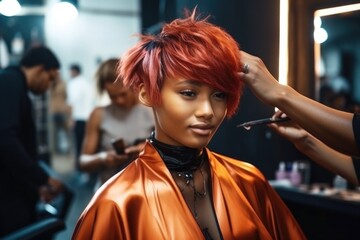 Beautiful black young woman  getting her fashionable hair and haircut at a beauty salon 