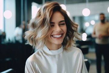 Beautiful hairstyle of young happy woman after dying hair and making highlights in hair salon.