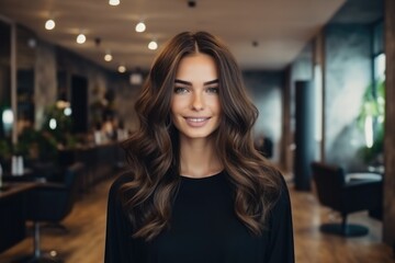 Beautiful stylish Spanish young girl after a haircut in a trendy beauty salon . Hair care  - obrazy, fototapety, plakaty