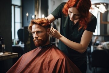 Stylish fashionable man with red hair and beard in a barbershop . Professional stylist woman barber, barber does styling for his client in a modern salon.  - obrazy, fototapety, plakaty