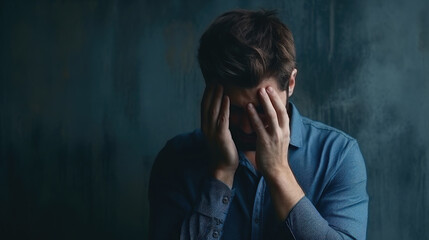 Young male holding his head in dark background. Headache and tiredness. Depressive state. Poor health and symptoms of a cold - obrazy, fototapety, plakaty