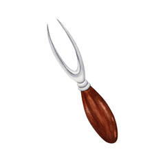 Cheese fork. Silver cutlery with wooden handle. Hand drawn watercolor illustration isolated on transparent background. Fine dining, cheese board and platter design element for restaurant menus.