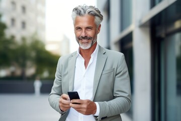 Mature smiling man on glasses standing with cell phone in front of a new house . A real estate agent offers his services in buying and selling homes 