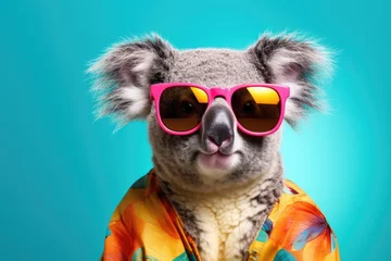  Cute fashionable koala wearing sunglasses and a Hawaiian shirt stands against a bright background . Vacation and fun resort countries .  © Hope