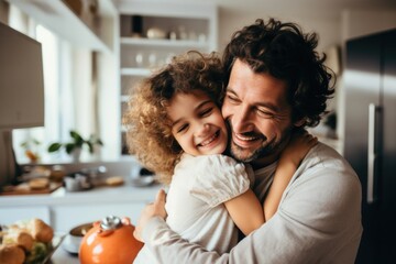 Cute couple of parent and child. Father's day. Happy family daughter hugs his dad On the kitchen. Home leisure  - Powered by Adobe