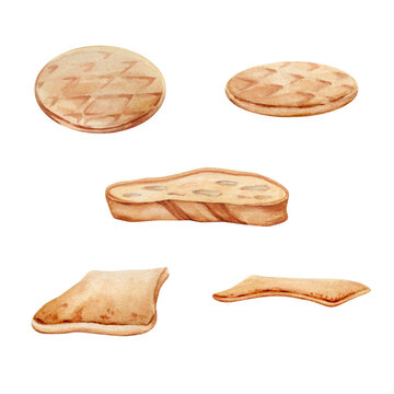 A mini set of bread products. Sliced baguette, round and square crackers. Hand drawn watercolor illustration isolated on transparent background. For menus, cafe, restaurant, food and drink designs.
