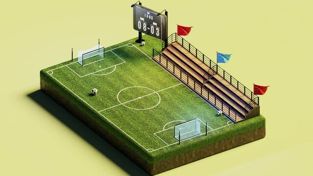 3D isometric rendering of soccer football field with tribune in stadium
