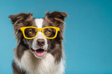 Portrait of a very smart border collie dog, wearing a cap and glasses. In studio, on a blue background.
