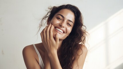Beautiful woman applying moisturizer cream on her hands. Photo of smiling woman with perfect skin  on white  background. Beauty concept - obrazy, fototapety, plakaty
