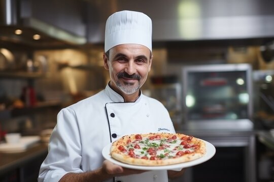 A happy Italian male restaurant chef presents holding his signature pizza . Delicious dishes from the best menu 