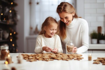 Mom and daughter bake delicious shortbread cookies together in a home kitchen . Warm family ties - obrazy, fototapety, plakaty