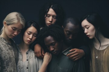 Obraz premium A group of diverse multinational people standing and hugging together showing human support, mental unity and spiritual connection 