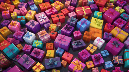 Colorful gift boxes on a dark background.