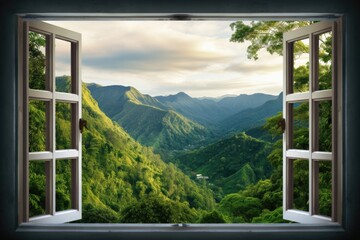 Resort view from the window of the mountain. Open window with a beautiful view of the mountains and nature. The concept of a bright future and prospects, peace of mind and mental health. 