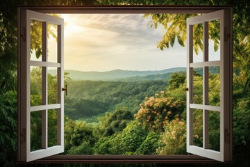 Perspective view from window. Open window with a beautiful view of the mountains and nature. The concept of a bright future and prospects, peace of mind and mental health.  - obrazy, fototapety, plakaty