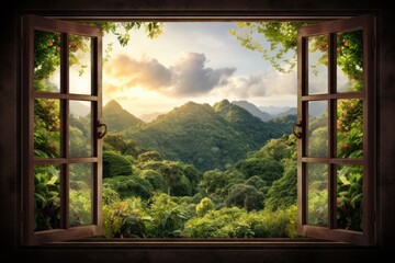 Open window with a beautiful view of the mountains and nature. The concept of a bright future and prospects, peace of mind and mental health. 