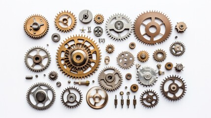Gold and silver engine gear wheels, industrial background - obrazy, fototapety, plakaty