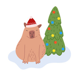 Xmas Capybara funny character in flat design. Cute capybara with Christmas tree.