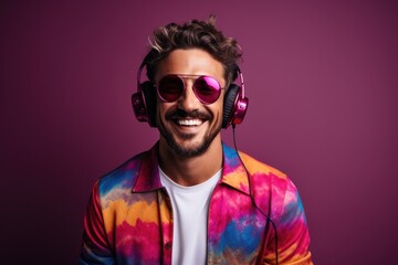 Neon portrait of bearded smiling man in headphones, sunglasses, white t-shirt. Listening to music